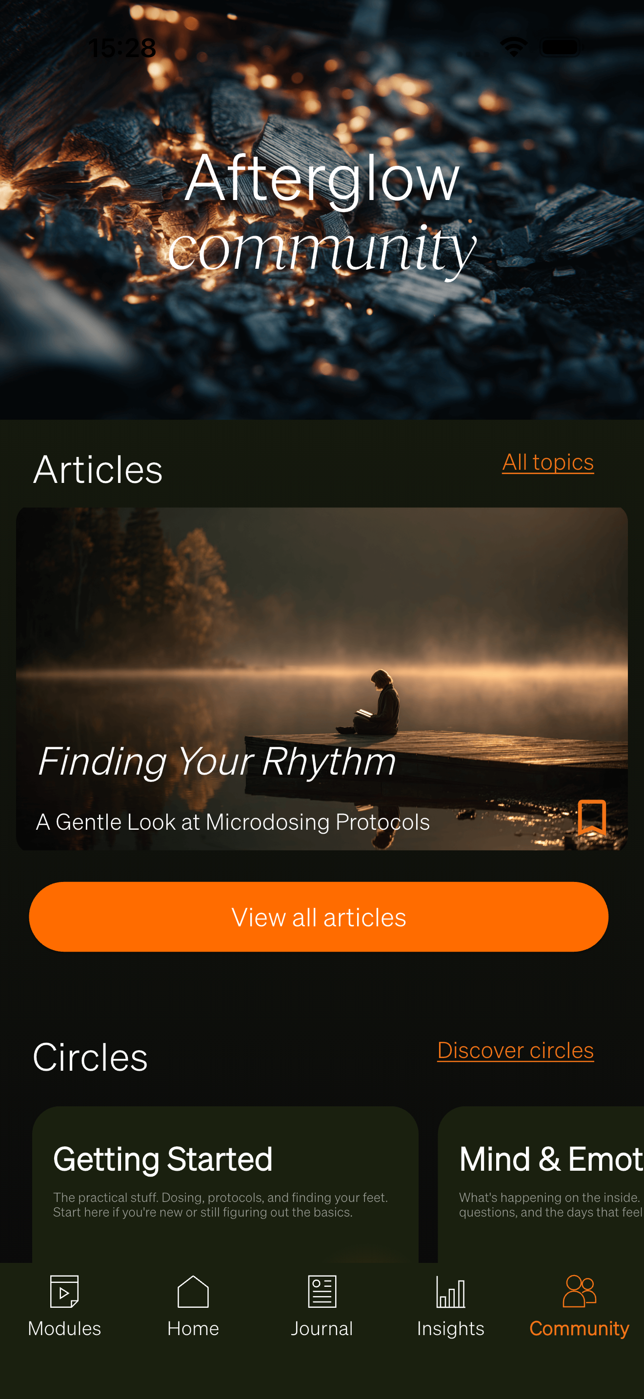 Community feed with curated articles and discussions